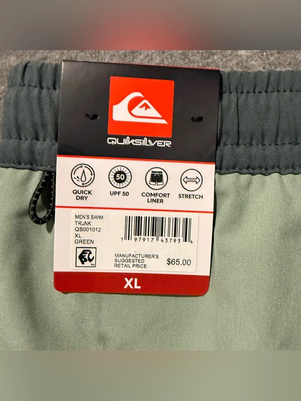 Quicksilver Swim Trunks Shorts Mens XL Green Lined Quick Dry UPF 50 Stretch NWT